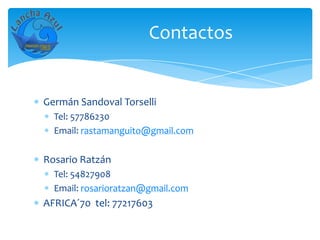 Contactos


Germán Sandoval Torselli
  Tel: 57786230
  Email: rastamanguito@gmail.com

Rosario Ratzán
  Tel: 54827908
  Email: rosarioratzan@gmail.com
AFRICA´70 tel: 77217603
 