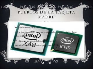 PUERTOS DE LA TARJETA
MADRE
 Puertos norte y sur:
 La función es el del norte es gestionar el movimiento de los datos
entre la RAM y la micro
 El puerto sur controla los de mas puertos
sata,ide,serie,paralelos,ranuras pci y puertos USB
 