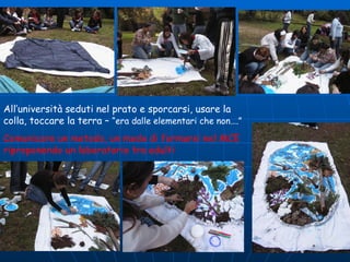 All’università seduti nel prato e sporcarsi, usare la colla, toccare la terra –  “era dalle elementari che non….” Comunicare un metodo, un modo di formarsi nel MCE riproponendo un laboratorio tra adulti 