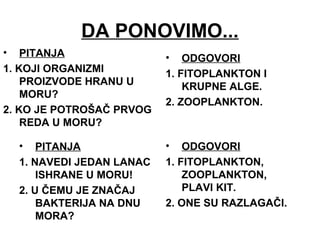 DA PONOVIMO...
• PITANJA
1. KOJI ORGANIZMI
PROIZVODE HRANU U
MORU?
2. KO JE POTROŠAČ PRVOG
REDA U MORU?
• ODGOVORI
1. FITOPLANKTON I
KRUPNE ALGE.
2. ZOOPLANKTON.
• PITANJA
1. NAVEDI JEDAN LANAC
ISHRANE U MORU!
2. U ČEMU JE ZNAČAJ
BAKTERIJA NA DNU
MORA?
• ODGOVORI
1. FITOPLANKTON,
ZOOPLANKTON,
PLAVI KIT.
2. ONE SU RAZLAGAČI.