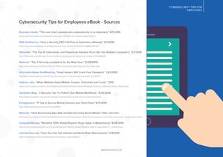 Cybersecurity Tips for Employees eBook - Sources
Business Insider, “This one chart explains why cybersecurity is so important,” 4/5/2016:
www.businessinsider.com/cybersecurity-report-threats-and-opportunities-2016-3
RSA Conference, “How a Security CEO Fell Prey to Scammers (Almost),” 3/3/2016:
http://www.rsaconference.com/blogs/security-ceo-scammers#sthash.egMiB2xW.dpuf
lifehacker, “The Top 10 Usernames and Passwords Hackers Try to Get into Remote Computers,” 3/3/2016:
http://lifehacker.com/the-top-10-usernames-and-passwords-hackers-try-to-get-i-1762638243
Webroot, “Top 11 Security resolutions for the New Year,” 12/29/2015:
http://www.webroot.com/blog/2015/12/29/top-11-security-resolutions-for-the-new-year/
InformationWeek DarkReading, “How Hackers Will Crack Your Password,” 1/21/2009:
http://www.darkreading.com/risk/how-hackers-will-crack-your-password/d/d-id/1130217
Sophos Labs, “When Malware Goes Mobile: Causes, Outcomes and Cures,” 2015:
https://www.sophos.com/en-us/medialibrary/Gated%20Assets/white%20papers/Sophos_Malware_Goes_Mobile.pdf
Symantec Blog, “7 Security Tips To Protect Your Mobile Workforce,” 6/30/2014:
http://www.symantec.com/connect/blogs/7-security-tips-protect-your-mobile-workforce
Entrepreneur, “11 Tips to Secure Mobile Devices and Client Data,” 6/11/2015:
http://www.entrepreneur.com/article/246814
Webroot, “How Businesses Stay Safe and Secure Using Social Media,” Date unknown:
http://www.webroot.com/us/en/business/resources/articles/social-media/how-businesses-stay-safe-and-secure-using-social-media
ComputerWeekly, “BlackHat 2015: RiskIQ Reports Huge Spike in Malvertising,” 8/24/2015:
http://www.computerweekly.com/news/4500251077/BlackHat-2015-RiskIQ-reports-huge-spike-in- malvertising
Heimdal Security, “How You Can Get Infected via World Wide Web Exploits,” 3/3/2015:
https://heimdalsecurity.com/blog/internet-browser-vulnerabilities/
www.lancom.co.nz
CYBERSECURITY TIPS FOR
EMPLOYEES
 