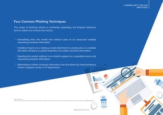 CYBERSECURITY TIPS FOR
EMPLOYEES
CYBERSECURITY TIPS FOR
EMPLOYEES
Four Common Phishing Techniques
The scope of phishing attacks is constantly expanding, but frequent attackers
tend to utilize one of these four tactics:
Embedding links into emails that redirect users to an unsecured website
requesting sensitive information.
Installing Trojans via a malicious email attachment or posing ads on a website
that allow intruders to exploit loopholes and obtain sensitive information.
Spooﬁng the sender address in an email to appear as a reputable source and
requesting sensitive information.
Attempting to obtain company information over the phone by impersonating a
known company vendor or IT department.
www.lancom.co.nz
RSA Conference,
“How a Security CEO Fell Prey to Scammers (Almost),” 3/3/2016: http://www.rsaconference.com/blogs/security-ceo-scammers#sthash.egMiB2xW.dpuf2
 