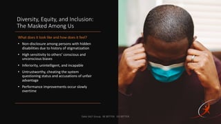 Diversity, Equity, and Inclusion:
The Masked Among Us
What does it look like and how does it feel?
• Non-disclosure among ...