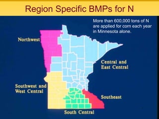 Nutrient Management
Region Specific BMPs for N
More than 600,000 tons of N
are applied for corn each year
in Minnesota alone.
 
