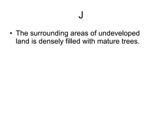 J The surrounding areas of undeveloped land is densely filled with mature trees. 