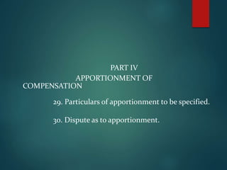PART IV
APPORTIONMENT OF
COMPENSATION
29. Particulars of apportionment to be specified.
30. Dispute as to apportionment.
 