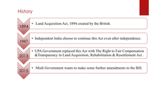 History
1894
• Land Acquisition Act, 1894 created by the British.
1947
• Independent India choose to continue this Act even after independence.
2013
• UPA Government replaced this Act with The Right to Fair Compensation
&Transparency in Land Acquisition, Rehabilitation & Resettlement Act .
2015
• Modi Government wants to make some further amendments to the Bill.
 