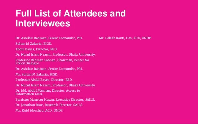 Full List of Attendees and
Interviewees
Dr. Ashikur Rahman, Senior Economist, PRI.
Sultan M Zakaria, BIGD.
Abdul Bayes, Di...