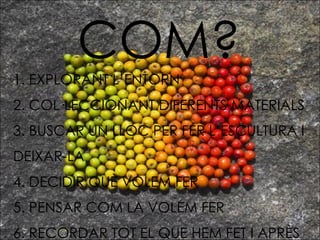 COM? 1. EXPLORANT L’ENTORN 2. COL·LECCIONANT DIFERENTS MATERIALS 3. BUSCAR UN LLOC PER FER L’ESCULTURA I DEIXAR-LA 4. DECIDIR QUÈ VOLEM FER 5. PENSAR COM LA VOLEM FER 6. RECORDAR TOT EL QUE HEM FET I APRÈS 