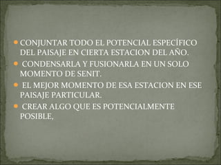 CONJUNTAR TODO EL POTENCIAL ESPECÍFICO
 DEL PAISAJE EN CIERTA ESTACION DEL AÑO.
 CONDENSARLA Y FUSIONARLA EN UN SOLO
 MOMENTO DE SENIT.
 EL MEJOR MOMENTO DE ESA ESTACION EN ESE
 PAISAJE PARTICULAR.
 CREAR ALGO QUE ES POTENCIALMENTE
 POSIBLE,
 