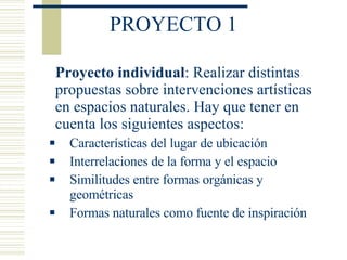 PROYECTO 1 Proyecto individual : Realizar distintas propuestas sobre intervenciones artísticas en espacios naturales. Hay que tener en cuenta los siguientes aspectos: Características del lugar de ubicación Interrelaciones de la forma y el espacio Similitudes entre formas orgánicas y geométricas Formas naturales como fuente de inspiración 