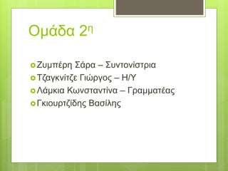 Ομάδα 2η
Ζυμπέρη Σάρα – Συντονίστρια
Τζαγκνίτζε Γιώργος – Η/Υ
Λάμκια Κωνσταντίνα – Γραμματέας
Γκιουρτζίδης Βασίλης
 
