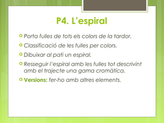 P4. L’espiral 
 Porta fulles de tots els colors de la tardor. 
 Classificació de les fulles per colors. 
 Dibuixar al pati un espiral. 
 Resseguir l’espiral amb les fulles tot descrivint 
amb el trajecte una gama cromàtica. 
 Versions: fer-ho amb altres elements. 
 