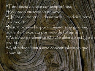 Tendência da arte contemporânea; Realizada em terreno natural; Utiliza os materiais da natureza: madeira, terra, pedras, etc; Não é possivel expor em museus ou galerias, somente é exposta por meio de fotografias; As obras geralmente não vão além do estágio de projeto; A afinidade com a arte conceitual é mais que aparente; 