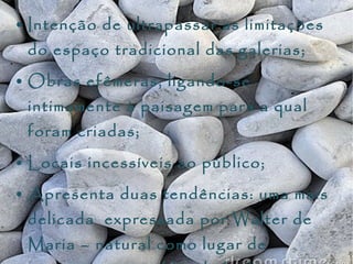 Intenção de ultrapassar as limitações do espaço tradicional das galerias; Obras efêmeras, ligando-se intimamente à paisagem para a qual foram criadas; Locais incessíveis ao público; Apresenta duas tendências: uma mais delicada  expressada por Walter de Maria – natural como lugar de experimentação, liberdade de ação – e a outra centrada nos Estados Unidos realizada por Robert Smithson – exprime-se de forma radical e espetacular; 