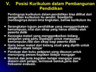V. Posisi Kurikulum dalam Pembangunan  Pendidikan Pentingnya kurikulum dalam pendidikan bisa dilihat dari pengertian kurikulum itu sendiri. Soedijarto membaginya dalam lima tingkatan, bahwa kurikulum itu : Serangkaian tujuan pendidikan yang menggambarkan kemampuan, nilai dan sikap yang harus dimiliki oleh peserta didik Kerangka materi yang menggambarkan bidang pelajaran yang perlu dipelajari untuk menguasai kemampuan,nilai dan sikap bagi peserta didik Garis besar materi dari bidang studi yang dipilih untuk dijadikan obyek belajar Panduan dan buku pelajaran yang disusun untuk menunjang proses kegiatan belajar mengajar Bentuk dan jenis kegiatan belajar mengajar yang dialami oleh pelajar, termasuk bentuk,jenis dan frekuensi evaluasi.  V. Posisi Kurikulum dalam Pembangunan  Pendidikan 