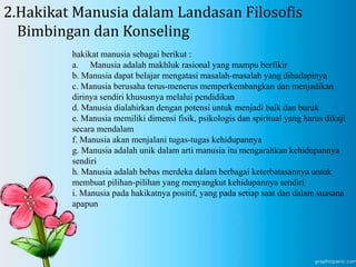 2.Hakikat Manusia dalam Landasan Filosofis
Bimbingan dan Konseling
hakikat manusia sebagai berikut :
a. Manusia adalah makhluk rasional yang mampu berfikir
b. Manusia dapat belajar mengatasi masalah-masalah yang dihadapinya
c. Manusia berusaha terus-menerus memperkembangkan dan menjadikan
dirinya sendiri khususnya melalui pendidikan
d. Manusia dialahirkan dengan potensi untuk menjadi baik dan buruk
e. Manusia memiliki dimensi fisik, psikologis dan spiritual yang harus dikaji
secara mendalam
f. Manusia akan menjalani tugas-tugas kehidupannya
g. Manusia adalah unik dalam arti manusia itu mengarahkan kehidupannya
sendiri
h. Manusia adalah bebas merdeka dalam berbagai keterbatasannya untuk
membuat pilihan-pilihan yang menyangkut kehidupannya sendiri
i. Manusia pada hakikatnya positif, yang pada setiap saat dan dalam suasana
apapun
 