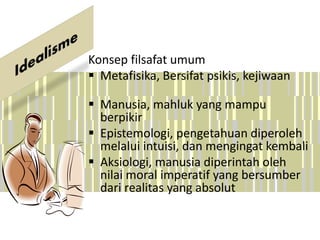 Konsep filsafat umum
 Metafisika, Bersifat psikis, kejiwaan
 Manusia, mahluk yang mampu
berpikir
 Epistemologi, pengetahuan diperoleh
melalui intuisi, dan mengingat kembali
 Aksiologi, manusia diperintah oleh
nilai moral imperatif yang bersumber
dari realitas yang absolut
 
