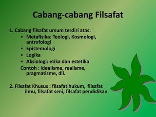 Cabang-cabang Filsafat
1. Cabang filsafat umum terdiri atas:
• Metafisika: Teologi, Kosmologi,
antrofologi
• Epistemologi
• Logika
• Aksiologi: etika dan estetika
Contoh : idealisme, realisme,
pragmatisme, dll.
2. Filsafat Khusus : filsafat hukum, filsafat
ilmu, filsafat seni, filsafat pendidikan
 