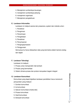 BAHRUR ROSYIDI DURAISY | EDUCATIONAL TECHNOLOGY
TeknologiPendidikan–EducationalTechnoligy
9
4. Manajemen sumberdaya keuangan
5. manajemen sumberdaya peluang
6. manajemen organisasi
7. Manajemen pengetahuan
E. Landasan Informatika
Landasan ini meliputi sarana dan prasarana, system dan metode untuk :
1. Perolehan
2. Pengiriman
3. Penerimaan
4. Pengelolaan
5. Penafsiran
6. Penyimpanan
7. Pengorgaqnisasian
8. Penggunaan
Semuanya itu harus didasarkan data yang bermakna dalam bentuk analog
dan digital
F. Landasan Teknologi
Landasan ini meliputi :
1. Proses untuk memperoleh nilai tambah
2. Produk yang bermanfaat
3. Sistem dimana proses dan produk merupakan bagain integral
G. Landasan Komunikasi
Komunikasi yang dapat dijadikan landasan pendidikan harus memenuhi
persyaratan yang meliputi :
1. Sumber komunikasi
2. Isi komunikasi
3. Saluran komunikasi (media dsb)
4. Proses komunikasi
5. Hasil komunikasi
6. Dampak komunikasi
 