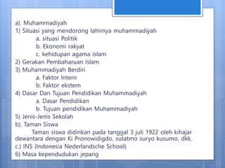 a). Muhammadiyah
1) Situasi yang mendorong lahirnya muhammadiyah
a. situasi Politik
b. Ekonomi rakyat
c. kehidupan agama islam
2) Gerakan Pembaharuan Islam
3) Muhammadiyah Berdiri
a. Faktor Intern
b. Faktor ekstern
4) Dasar Dan Tujuan Pendidikan Muhammadiyah
a. Dasar Pendidikan
b. Tujuan pendidikan Muhammadiyah
5) Jenis-Jenis Sekolah
b). Taman Siswa
Taman siswa didirikan pada tanggal 3 juli 1922 oleh kihajar
dewantara dengan Ki Pronowidigdo, sutatmo suryo kusumo, dkk.
c.) INS (Indonesia Nederlandsche School)
6) Masa kependudukan jepang
 
