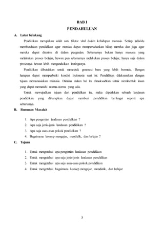 3
BAB I
PENDAHULUAN
A. Latar belakang
Pendidikan merupakan salah satu faktor vital dalam kehidupan manusia. Setiap individu
membutuhkan pendidikan agar meraka dapat mempertahankan hidup mereka dan juga agar
mereka dapat diterima di dalam pergaulan. Sebenarnya bukan hanya manusia yang
melakukan proses belajar, hewan pun sebenarnya melakukan proses belajar, hanya saja dalam
prosesnya hewan lebih mengandalkan instinganya.
Pendidikan dibutuhkan untuk mencetak generasi baru yang lebih bermutu. Dengan
harapan dapat memperbaiki kondisi Indonesia saat ini. Pendidikan dilaksanakan dengan
tujuan memanusiakan manusia. Dimana dalam hal itu dimaksudkan untuk membentuk insan
yang dapat mematuhi norma-norma yang ada.
Untuk mewujudkan tujuan dari pendidikan itu, maka diperlukan sebuah landasan
pendidikan yang diharapkan dapat membuat pendidikan berfungsi seperti apa
seharusnya.
B. Rumusan Masalah
1. Apa pengertian landasan pendidikan ?
2. Apa saja jenis-jenis landasan pendidikan ?
3. Apa saja asas-asas pokok pendidikan ?
4. Bagaimana konsep mengajar, mendidik, dan belajar ?
C. Tujuan
1. Untuk mengetahui apa pengertian landasan pendidikan
2. Untuk mengetahui apa saja jenis-jenis landasan pendidikan
3. Untuk mengetahui apa saja asas-asas pokok pendidikan
4. Untuk mengetahui bagaimana konsep mengajar, mendidik, dan belajar
 