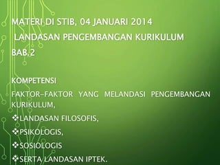 MATERI DI STIB, 04 JANUARI 2014
LANDASAN PENGEMBANGAN KURIKULUM
BAB.2
KOMPETENSI
FAKTOR-FAKTOR YANG MELANDASI PENGEMBANGAN
KURIKULUM,
LANDASAN FILOSOFIS,
PSIKOLOGIS,
SOSIOLOGIS
SERTA LANDASAN IPTEK.
 