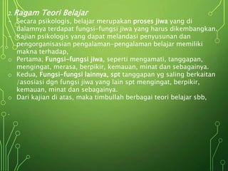2. Ragam Teori Belajar
- Secara psikologis, belajar merupakan proses jiwa yang di
dalamnya terdapat fungsi-fungsi jiwa yang harus dikembangkan.
- Kajian psikologis yang dapat melandasi penyusunan dan
pengorganisasian pengalaman-pengalaman belajar memiliki
makna terhadap,
o Pertama; Fungsi-fungsi jiwa, seperti mengamati, tanggapan,
mengingat, merasa, berpikir, kemauan, minat dan sebagainya.
o Kedua, Fungsi-fungsi lainnya, spt tanggapan yg saling berkaitan
/asosiasi dgn fungsi jiwa yang lain spt mengingat, berpikir,
kemauan, minat dan sebagainya.
o Dari kajian di atas, maka timbullah berbagai teori belajar sbb,
.
 