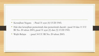 • Kewajiban Negara : Pasal 31 ayat (4) UUD 1945.
• Hak dan kewajiban pemerintah dan pemerintah daerah : pasal 10 dan 11 UU
RI No. 20 tahun 2003, pasal 31 ayat (2) dan (5) UUD 1945.
• Wajib Belajar : pasal 34 UU RI No. 20 tahun 2003.
 