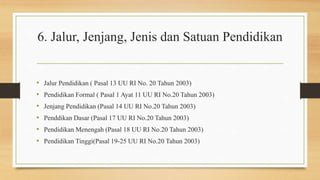 6. Jalur, Jenjang, Jenis dan Satuan Pendidikan
• Jalur Pendidikan ( Pasal 13 UU RI No. 20 Tahun 2003)
• Pendidikan Formal ( Pasal 1 Ayat 11 UU RI No.20 Tahun 2003)
• Jenjang Pendidikan (Pasal 14 UU RI No.20 Tahun 2003)
• Penddikan Dasar (Pasal 17 UU RI No.20 Tahun 2003)
• Pendidikan Menengah (Pasal 18 UU RI No.20 Tahun 2003)
• Pendidikan Tinggi(Pasal 19-25 UU RI No.20 Tahun 2003)
 