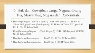 5. Hak dan Kewajiban warga Negara, Orang
Tua, Masyarakat, Negara dan Pemerintah
• Hak warga Negara : Pasal 31 ayat (1) UUD 1945, pasal 5 UU RI No. 20
Tahun 2003, pasal 5 ayat (2) s.d ayat (4) UU RI No. 20 Tahun 2003, pasal 32
UU RI No. 20 Tahun 2003.
• Kewajiban warga Negara : Pasal 31 ayat (2) UUD 1945 dan pasal 6 UU RI
No. 20 Tahun 2003.
• Hak dan kewajiban orangtua : Pasal 7 UU RI No. 20 Tahun 2003.
• Hak dan kewajiban masyarakat : Pasal 8 dan 9 UU RI Tahun 2003.
 