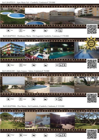 Ref:LBAPT019 - Apto Maite Sol - Cambrils, Catalonia € 239.000
Ref:LBAPT022 - Penthouse Maria - Els Esquirols Cambrils, Catalonia, € 370.000
?m² ?m² 3 2
90m² 30m² 2 1
Ref:LBSAL001 - Apto Arquus - Salou, Catalonia € 78.000
Ref:LBAPT006 - Piso Maria - Sol Cambrils, Cambrils, Catalonia, € 319.000
45m² 12m² 1 1
57m² 163m² 3 1
 