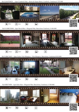 Ref:LBAPT0024 - Apto Cambrils Park - Horta de Santa Maria, Cambrils, Catalonia € 255.000
Ref:#LBBCN004 - Apto David Bcn - Diagonal Mar, Barcelona Catalonia, € 488.000
80m² 50m² 3 2
195m² 12m² 2 2
Ref:LBBCN003 - Apto Carlos Vila Olimpica - Vila Olimpica, Barcelona, Catalonia €410.000
Ref:BBCN008 - Apto Kiko Bcn - Diagonal Mar, Barcelona, Catalonia, € 308.000
71m² 2 1
90m² 3 2
12m²
 