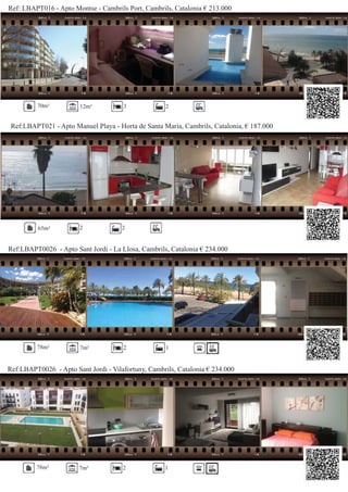 Ref: LBAPT016 - Apto Montse - Cambrils Port, Cambrils, Catalonia € 213.000
Ref:LBAPT021 - Apto Manuel Playa - Horta de Santa Maria, Cambrils, Catalonia, € 187.000
70m² 12m² 3 2
65m² 2 2
Ref:LBAPT0026 - Apto Sant Jordi - La Llosa, Cambrils, Catalonia € 234.000
78m² 7m² 2 1
Ref:LBAPT0026 - Apto Sant Jordi - Vilafortuny, Cambrils, Catalonia € 234.000
78m² 7m² 2 1
 