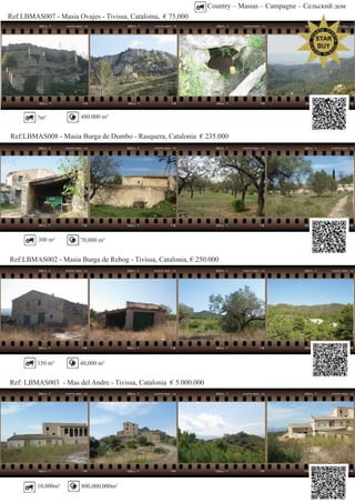 Country – Masias – Campagne – Сельский дом
Ref:LBMAS007 - Masia Ovajes - Tivissa, Cataloina, € 75,000
Ref:LBMAS008 - Masia Burga de Dumbo - Rasquera, Catalonia € 235.000
Ref:LBMAS002 - Masia Burga de Rebog - Tivissa, Catalonia, € 250.000
480.000 m²?m²
300 m²
10,000m²
Ref: LBMAS003 - Mas del Andre - Tivissa, Catalonia € 5.000.000
800,000,000m²
150 m²
70,000 m²
40,000 m²
 