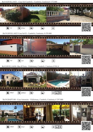 Ref:#LBVILLA021 - Casa Sol Cambrils - Cambrils, Catalonia € 372.000
Ref:#LBVILLA022 Casa Sol II - Cambrils, Catalonia, € 478.000
?m² 450m² 3 1
?m² ?m² 4 2
Ref:LBVILLA030- Mas D’Estiu - Vilafortuny, Cambrils, Catalonia € P.O.A
Ref:#LBAPT100 - Casa Antonieta - Vilafortuny, Cambrils, Catalonia, € 297.000
300m² 2000m² 5 3
100m² 56m² 3 1
 