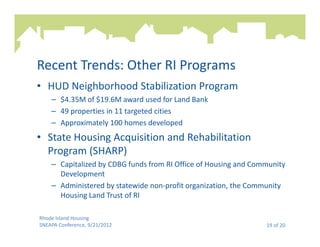 Recent Trends: Other RI Programs
• HUD Neighborhood Stabilization Program
    – $4.35M of $19.6M award used for Land Bank
    – 49 properties in 11 targeted cities
    – Approximately 100 homes developed
• State Housing Acquisition and Rehabilitation
  Program (SHARP)
    – Capitalized by CDBG funds from RI Office of Housing and Community
      Development
    – Administered by statewide non-profit organization, the Community
      Housing Land Trust of RI

Rhode Island Housing
SNEAPA Conference, 9/21/2012                                     19 of 20
 