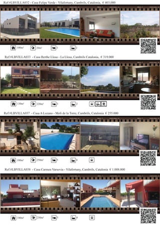 Ref:#LBVILLA032 - Casa Felipe Verde - Vilafortuny, Cambrils, Catalonia, € 403,000
Ref:#LBVILLA033 - Casa Berthe Llosa - La Llosa, Cambrils Catalonia, € 319.000
100m² 20m² 3 2
130m² 220m² 3 2
180m²
Ref:#LBVILLA038 - Casa Carmen Varsovia - Vilafortuny, Cambrils, Catalonia € 1.008.000
250m² 5 4
180m²
Ref:#LBVILLA037 - Casa A Lozano - Moli de la Torre, Cambrils, Catalonia € 255.000
250m² 5 4
 