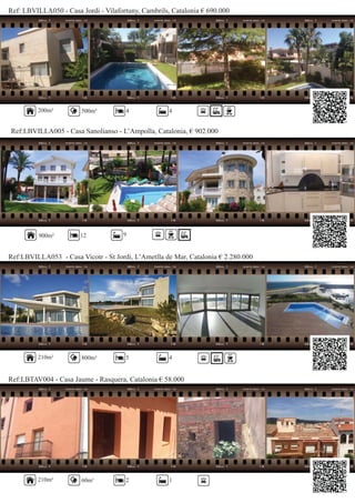 Ref: LBVILLA050 - Casa Jordi - Vilafortuny, Cambrils, Catalonia € 690.000
Ref:LBVILLA005 - Casa Sanolianso - L’Ampolla, Catalonia, € 902.000
200m² 500m² 4 4
900m² 12 9
Ref:LBVILLA053 - Casa Vicotr - St Jordi, L’Ametlla de Mar, Catalonia € 2.280.000
210m² 800m² 5 4
Ref:LBTAV004 - Casa Jaume - Rasquera, Catalonia € 58.000
210m² 60m² 2 1
 