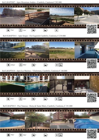 Ref:LBAPT007 - Apto Oleastrum Andres - Cambrils, Catalonia € 282.000
Ref:#LBAPT011 - Apto Sergio - Els Esquirols Cambrils, Catalonia, € 234.000
74m² 12m² 3 2
105m² 20m² 3 2
Ref:LBAPT010 - Apto Les Marines - Vilafortuny, Cambrils, Catalonia € 148.000
Ref:LBAPT013 - Piso Vanessa - Horta de Santa Maris, Cambrils, Catalonia, € 181.000
84m² 12m² 2 2
70m² 10m² 2 1
 
