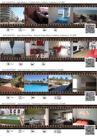 Ref: LBAPT016 - Apto Montse - Cambrils Port, Cambrils, Catalonia € 213.000
Ref:LBAPT021 - Apto Manuel Playa - Horta de Santa Maria, Cambrils, Catalonia, € 187.000
70m² 12m² 3 2
65m² 2 2
Ref:LBAPT0026 - Apto Sant Jordi - La Llosa, Cambrils, Catalonia € 234.000
78m² 7m² 2 1
Ref:LBAPT0026 - Apto Sant Jordi - Vilafortuny, Cambrils, Catalonia € 234.000
78m² 7m² 2 1
 