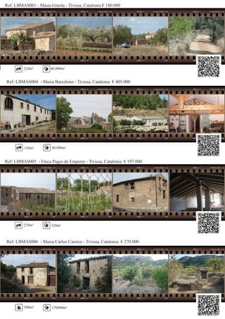 Ref: LBMAS001 - Masia Ginola - Tivissa, Catalonia € 180.000
Ref: LBMAS004 - Masia Barcelona - Tivissa, Catalonia € 405.000
224m² 40.000m²
150m² 40.000m²
Ref: LBMAS005 - Finca Pages de Emperer - Tivissa, Catalonia € 197.000
Ref: LBMAS006 - Masia Carlos Catorce - Tivissa, Catalonia € 270.000
270m² 320m²
500m² 170000m²
 