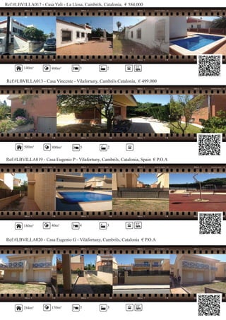 Ref:#LBVILLA017 - Casa Yoli - La Llosa, Cambrils, Catalonia, € 584,000
Ref:#LBVILLA013 - Casa Vincente - Vilafortuny, Cambrils Catalonia, € 499.000
Ref:#LBVILLA019 - Casa Eugenio P - Vilafortuny, Cambrils, Catalonia, Spain € P.O.A
140m² 460m² 5 2
500m² 800m² 5 2
284m²
40m² 4 3
Ref:#LBVILLA020 - Casa Eugenio G - Vilafortuny, Cambrils, Catalonia € P.O.A
150m² 5 3
180m²
 