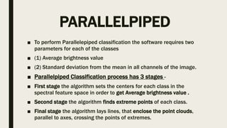PARALLELPIPED
■ To perform Parallelepiped classification the software requires two
parameters for each of the classes
■ (1) Average brightness value
■ (2) Standard deviation from the mean in all channels of the image.
■ Parallelpiped Classification process has 3 stages -
■ First stage the algorithm sets the centers for each class in the
spectral feature space in order to get Average brightness value .
■ Second stage the algorithm finds extreme points of each class.
■ Final stage the algorithm lays lines, that enclose the point clouds,
parallel to axes, crossing the points of extremes.
 