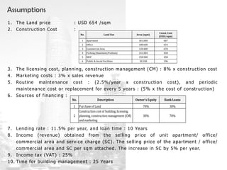 Assumptions
1. The Land price : USD 654 /sqm
2. Construction Cost :
3. The licensing cost, planning, construction management (CM) : 8% x construction cost
4. Marketing costs : 3% x sales revenue
5. Routine maintenance cost : (2.5%/year x construction cost), and periodic
maintenance cost or replacement for every 5 years : (5% x the cost of construction)
6. Sources of financing :
7. Lending rate : 11.5% per year, and loan time : 10 Years
8. Income (revenue) obtained from the selling price of unit apartment/ office/
commercial area and service charge (SC). The selling price of the apartment / office/
commercial area and SC per sqm attached. The increase in SC by 5% per year.
9. Income tax (VAT) : 25%
10. Time for building management : 25 Years
No. Land Use Area (sqm)
Const. Cost
(USD/sqm)
1 Apartment 301.000 687
2 Office 180.600 654
3 Commercial Area 120.400 670
4 Parking (Basement/Podium) 141.004 458
5 MEP 150.500 458
6 Public & Social Facilities 30.100 196
No. Description Owner's Equity Bank Loans
1 Purchaseof Land 70% 30%
2
Constructioncost of building, licensing,
planning, constructionmanagement (CM)
andmarketing
30% 70%
 