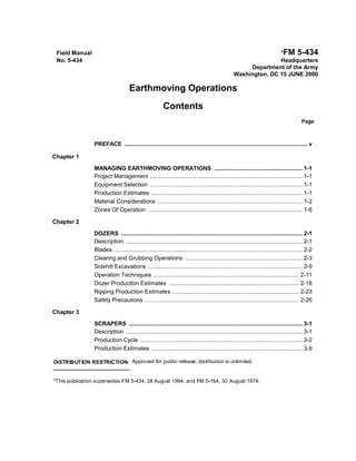 Earthmoving Operations
Contents
Page
PREFACE .................................................................................................................. v
Chapter 1
MANAGING EARTHMOVING OPERATIONS ....................................................... 1-1
Project Management ............................................................................................... 1-1
Equipment Selection ............................................................................................... 1-1
Production Estimates .............................................................................................. 1-1
Material Considerations .......................................................................................... 1-2
Zones Of Operation ................................................................................................ 1-6
Chapter 2
DOZERS ................................................................................................................. 2-1
Description .............................................................................................................. 2-1
Blades ..................................................................................................................... 2-2
Clearing and Grubbing Operations ......................................................................... 2-3
Sidehill Excavations ................................................................................................ 2-9
Operation Techniques ........................................................................................... 2-11
Dozer Production Estimates ................................................................................. 2-18
Ripping Production Estimates ............................................................................... 2-23
Safety Precautions ................................................................................................ 2-26
Chapter 3
SCRAPERS ............................................................................................................ 3-1
Description .............................................................................................................. 3-1
Production Cycle ..................................................................................................... 3-2
Production Estimates .............................................................................................. 3-9
DISTRIBUTION RESTRICTION: Approved for public release; distribution is unlimited.
*This publication supersedes FM 5-434, 26 August 1994, and FM 5-164, 30 August 1974.
Field Manual *FM 5-434
No. 5-434 Headquarters
Department of the Army
Washington, DC 15 JUNE 2000
 