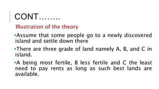 CONT……..
Illustration of the theory
Assume that some people go to a newly discovered
island and settle down there
There are three grade of land namely A, B, and C in
island.
A being most fertile, B less fertile and C the least
need to pay rents as long as such best lands are
available.
 
