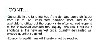 CONT…
Generally in the land market, if the demand curve shifts out
from D1 to D2 consumers demand more land to be
available to utilize but the supply side often cannot respond
to the increased demand that rapidly the result will be a
shortage at the new market price, quantity demanded will
exceed quantity supplied.
Economic equilibrium will therefore not be reached.
 