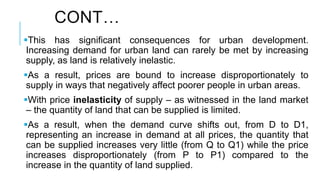 CONT…
This has significant consequences for urban development.
Increasing demand for urban land can rarely be met by increasing
supply, as land is relatively inelastic.
As a result, prices are bound to increase disproportionately to
supply in ways that negatively affect poorer people in urban areas.
With price inelasticity of supply – as witnessed in the land market
– the quantity of land that can be supplied is limited.
As a result, when the demand curve shifts out, from D to D1,
representing an increase in demand at all prices, the quantity that
can be supplied increases very little (from Q to Q1) while the price
increases disproportionately (from P to P1) compared to the
increase in the quantity of land supplied.
 