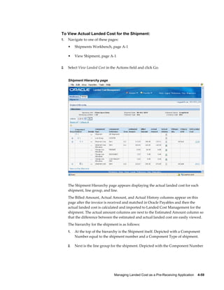 To View Actual Landed Cost for the Shipment:
1.   Navigate to one of these pages:
     •    Shipments Workbench, page A-1

     •    View Shipment, page A-1


2.   Select View Landed Cost in the Actions field and click Go.


     Shipment Hierarchy page




     The Shipment Hierarchy page appears displaying the actual landed cost for each
     shipment, line group, and line.
     The Billed Amount, Actual Amount, and Actual History columns appear on this
     page after the invoice is received and matched in Oracle Payables and then the
     actual landed cost is calculated and imported to Landed Cost Management for the
     shipment. The actual amount columns are next to the Estimated Amount column so
     that the difference between the estimated and actual landed cost are easily viewed.
     The hierarchy for the shipment is as follows:
     1.   At the top of the hierarchy is the Shipment itself. Depicted with a Component
          Number equal to the shipment number and a Component Type of shipment.

     2.   Next is the line group for the shipment. Depicted with the Component Number




                                  Managing Landed Cost as a Pre-Receiving Application    4-59
 